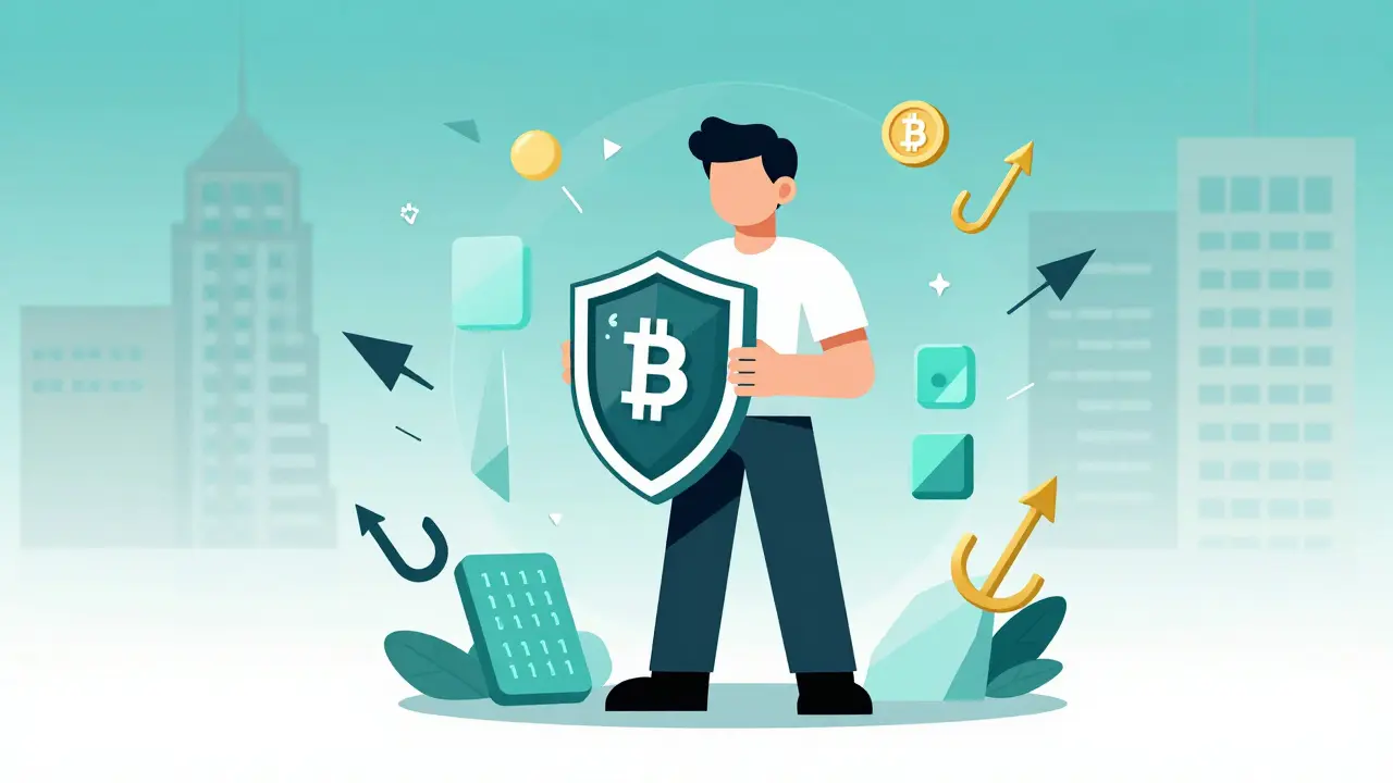 Cartoon character protecting their crypto assets with a hardware wallet shield against hackers.