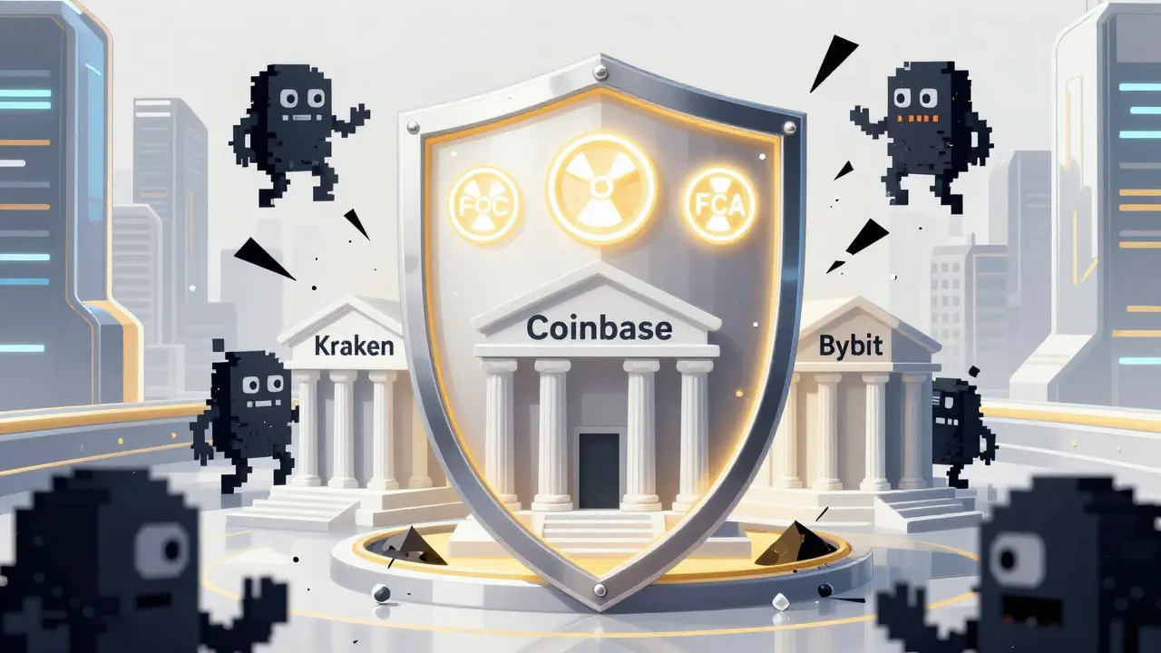 Cartoon of legitimate exchanges protected by a shield against scam monsters