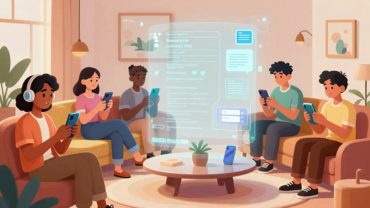 Casual gamers using smartphones with invisible blockchain technology hidden beneath in retro-futuristic art.