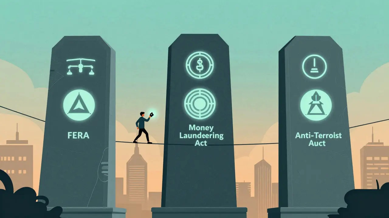 Citizen balancing on tightrope between three glowing legal statute pillars