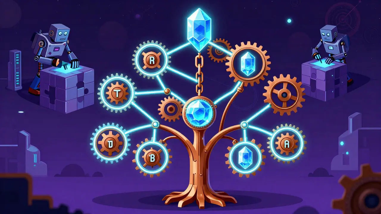 Conceptual art of a Merkle tree and blockchain links with retro robots mining blocks.