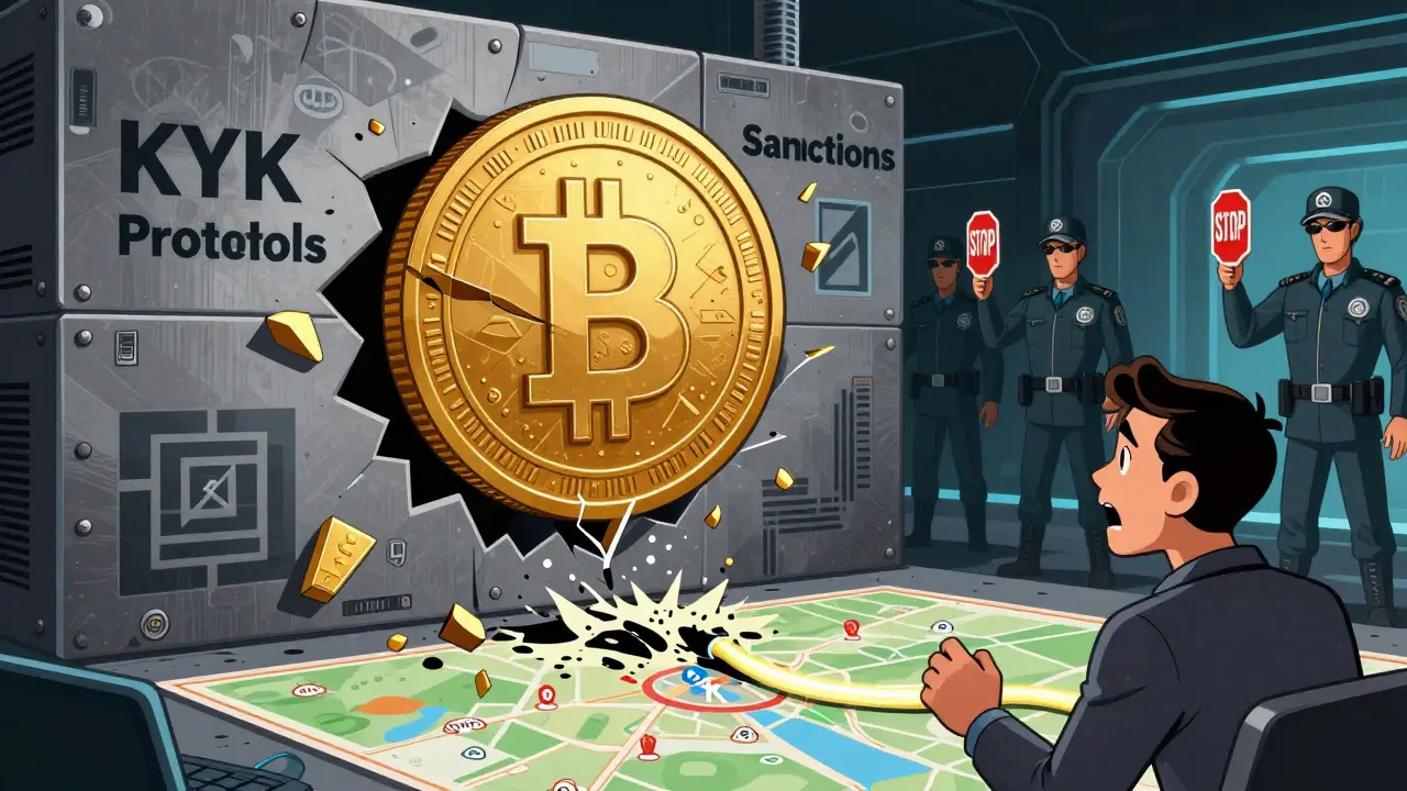 Crypto coin shattering against KYC wall in retro-futuristic style