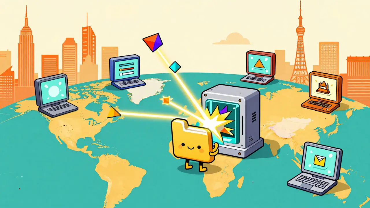 Data shards distributed globally across nodes in cartoon style