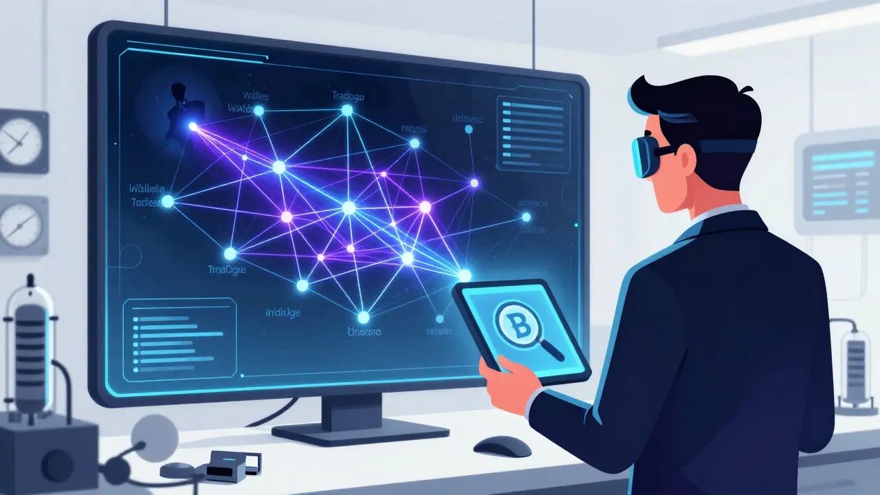 Detective using blockchain analytics to trace crypto funds in a retro-futuristic lab