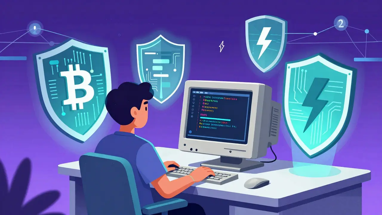 Developer at a retro computer surrounded by geometric shields representing blockchain finality and security.