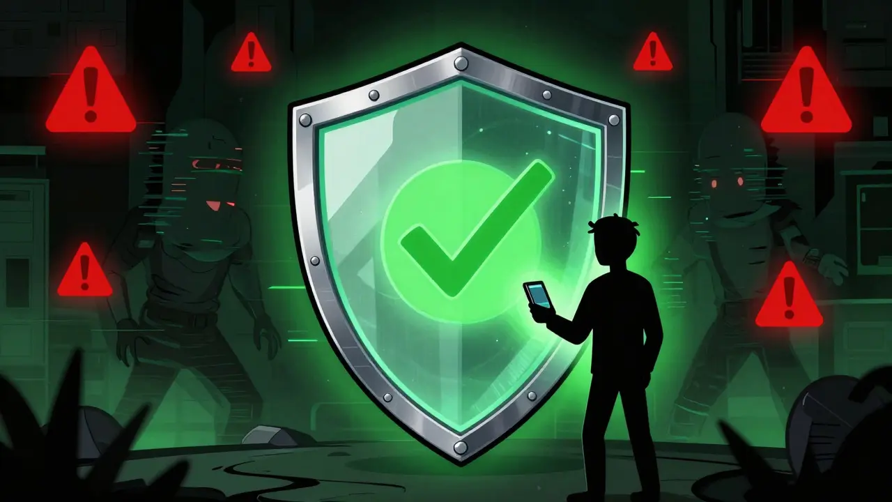 Digital shield protecting user data from shadowy cyber threats