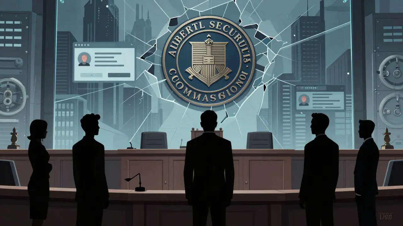 Executives facing regulators amidst broken vaults, symbolizing bankruptcy