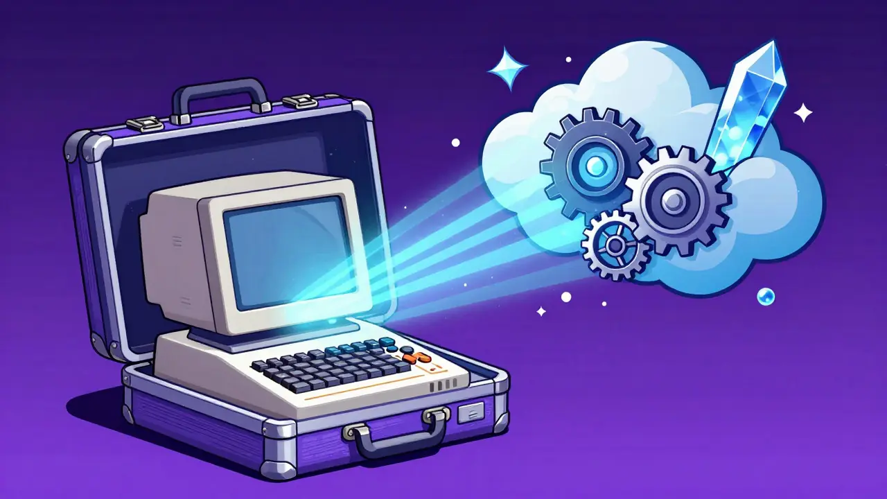 Futuristic briefcase wallet securing assets via a hardware device in a retro-sci-fi illustration
