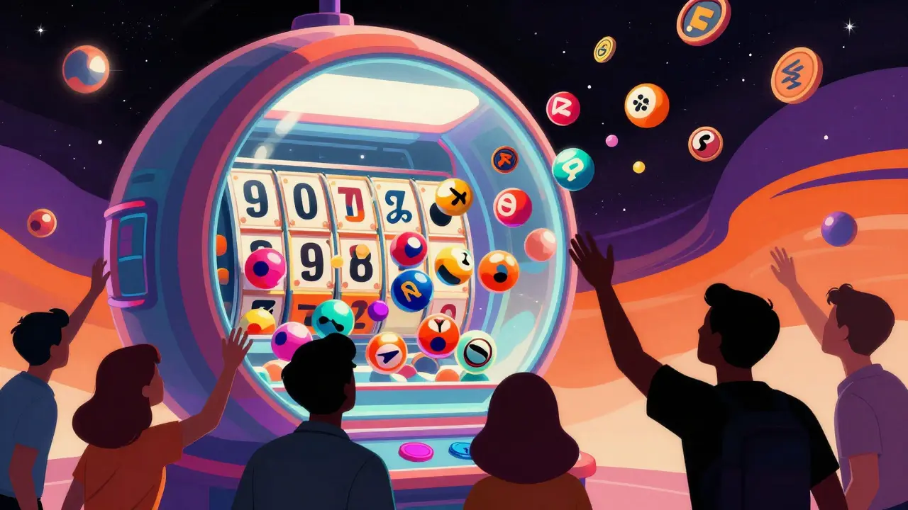 Futuristic lottery machine distributing crypto tokens to excited participants