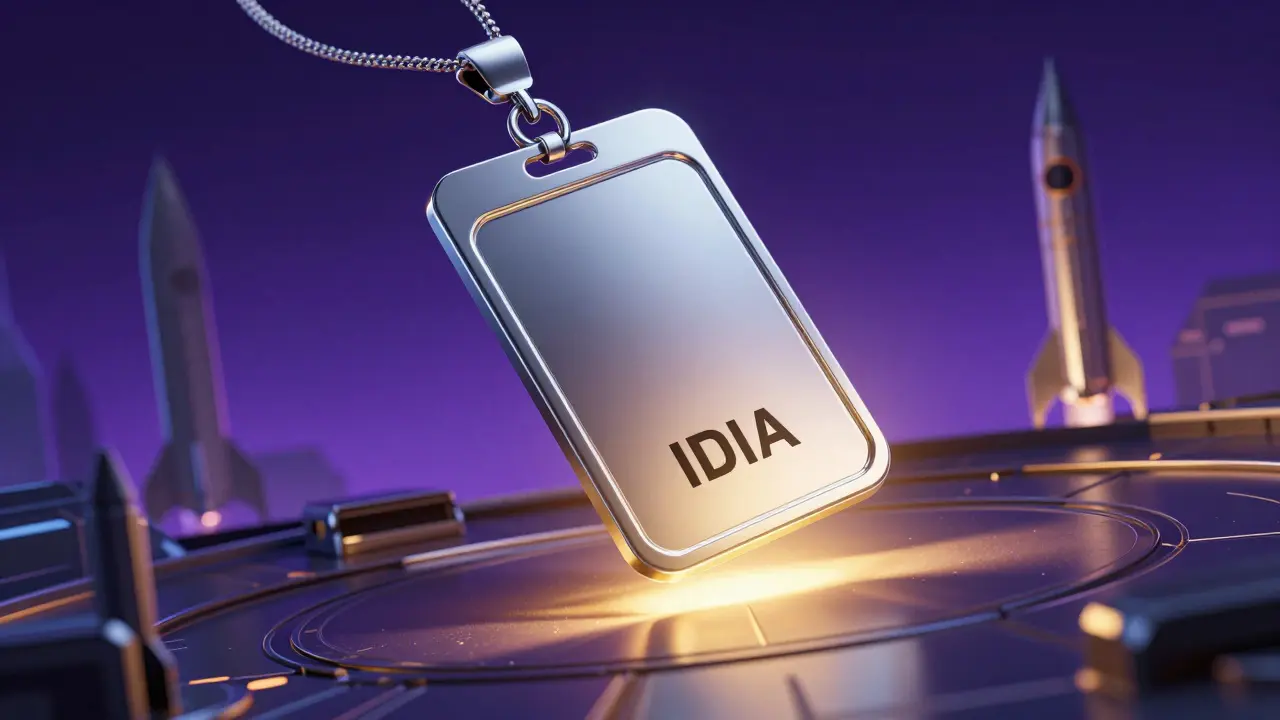 Glowing IDIA VIP pass hovering over a futuristic rocket launchpad