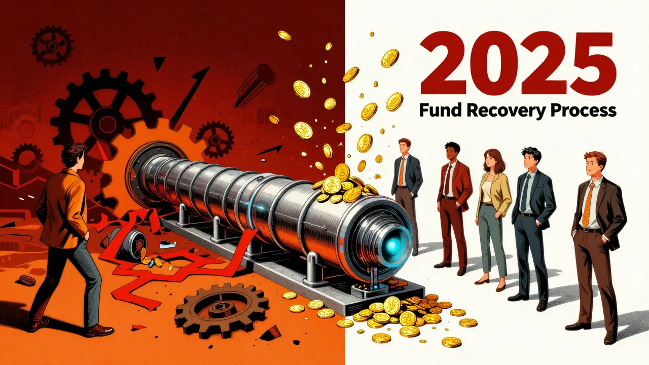 Golden coins flying via tubes to users, bypassing broken bureaucracy in a retro style.
