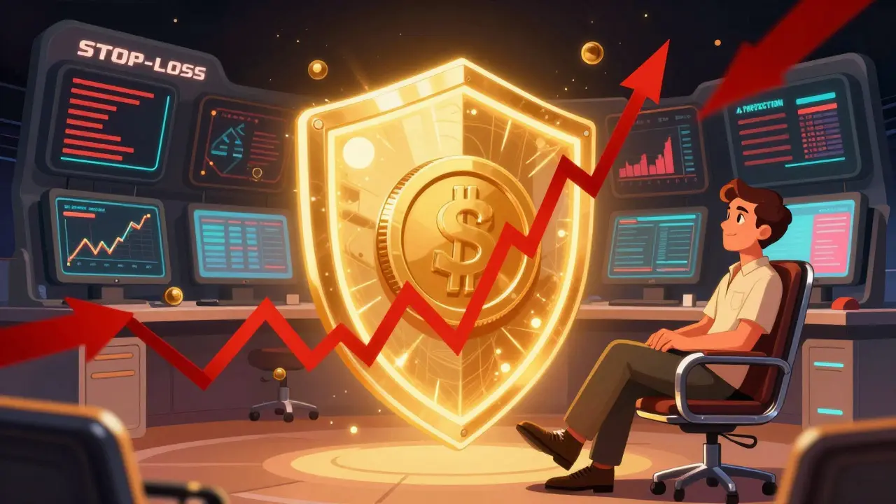 Golden shield protecting crypto asset from market crashes in retro sci-fi style