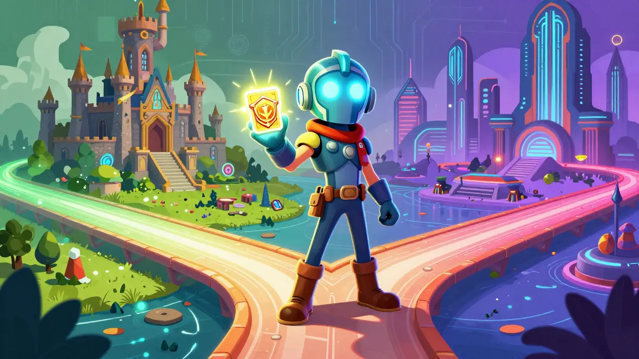 Heroic character with portable identity badges standing between fantasy and sci-fi game worlds.