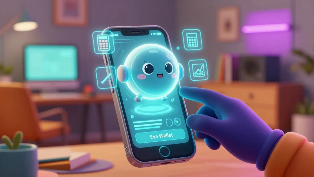 Holographic AI assistant helping user manage crypto wallet