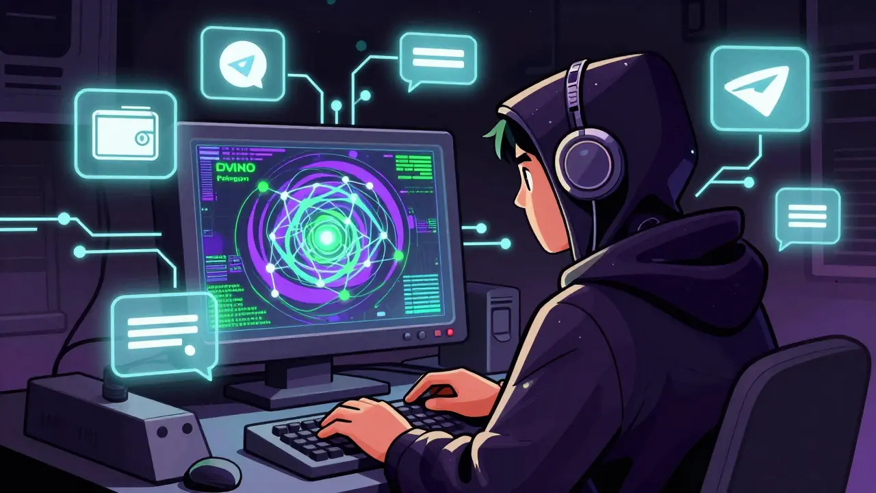 Hooded figure using a glowing computer terminal with floating crypto wallet icons in retro style