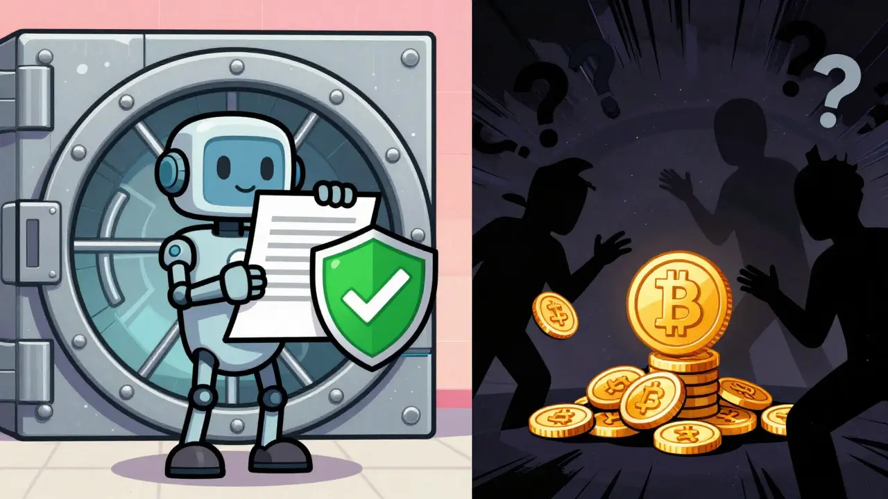 Illustration contrasting safe crypto verification with shadowy scam traps in retro-futurist style
