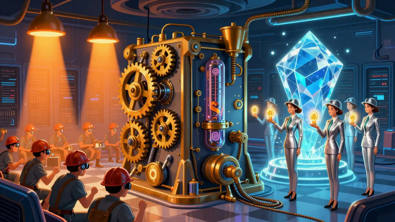 Illustration contrasting steam-powered miners for Proof-of-Work with elegant validators for Proof-of-Stake.