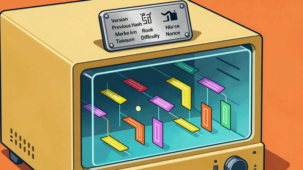 Illustration of a crypto block anatomy showing the header metadata and transaction data body.