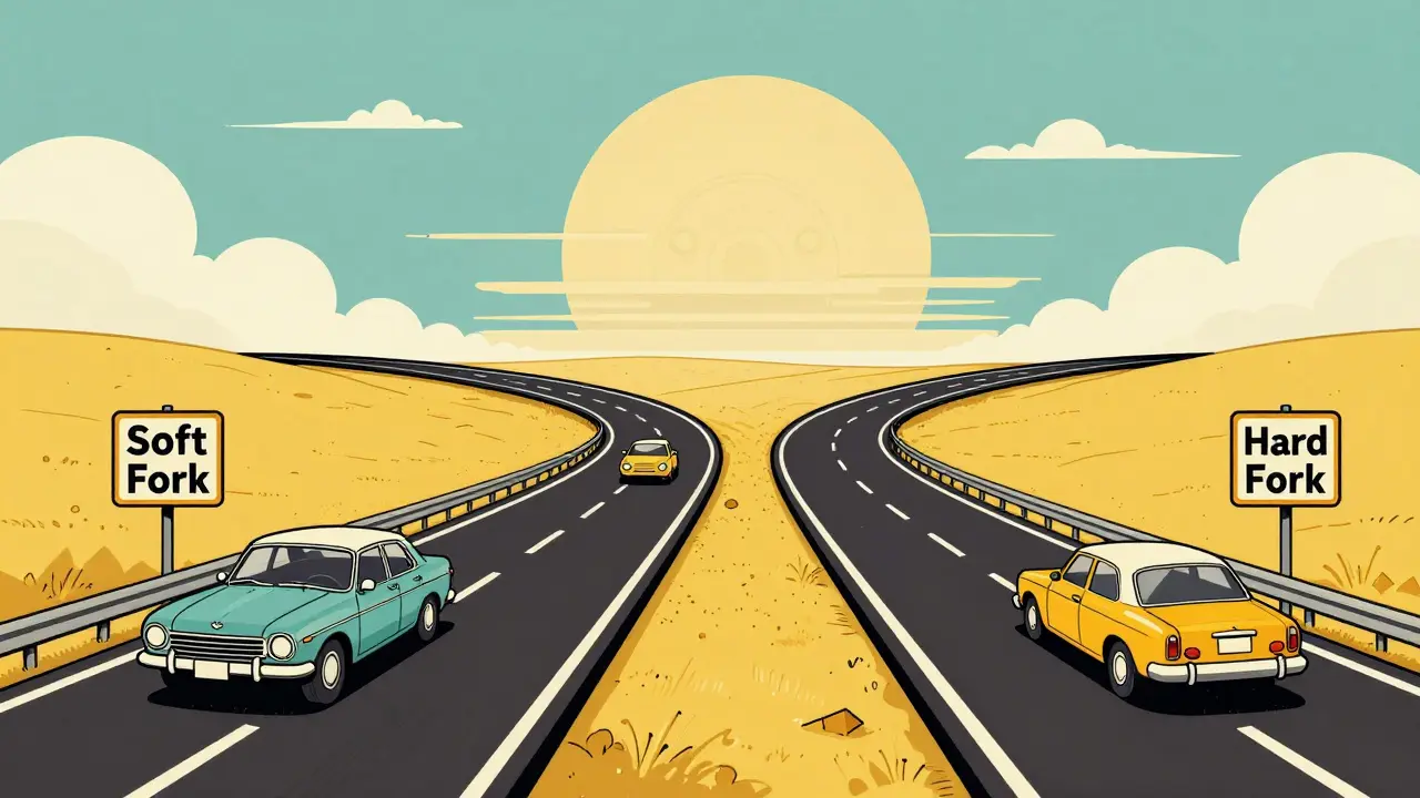Illustration of a road splitting into two paths representing soft and hard forks.
