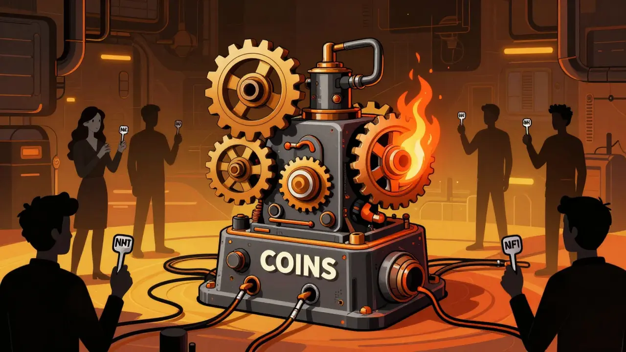 Illustration of a slow-turning crypto machine with tangled wires