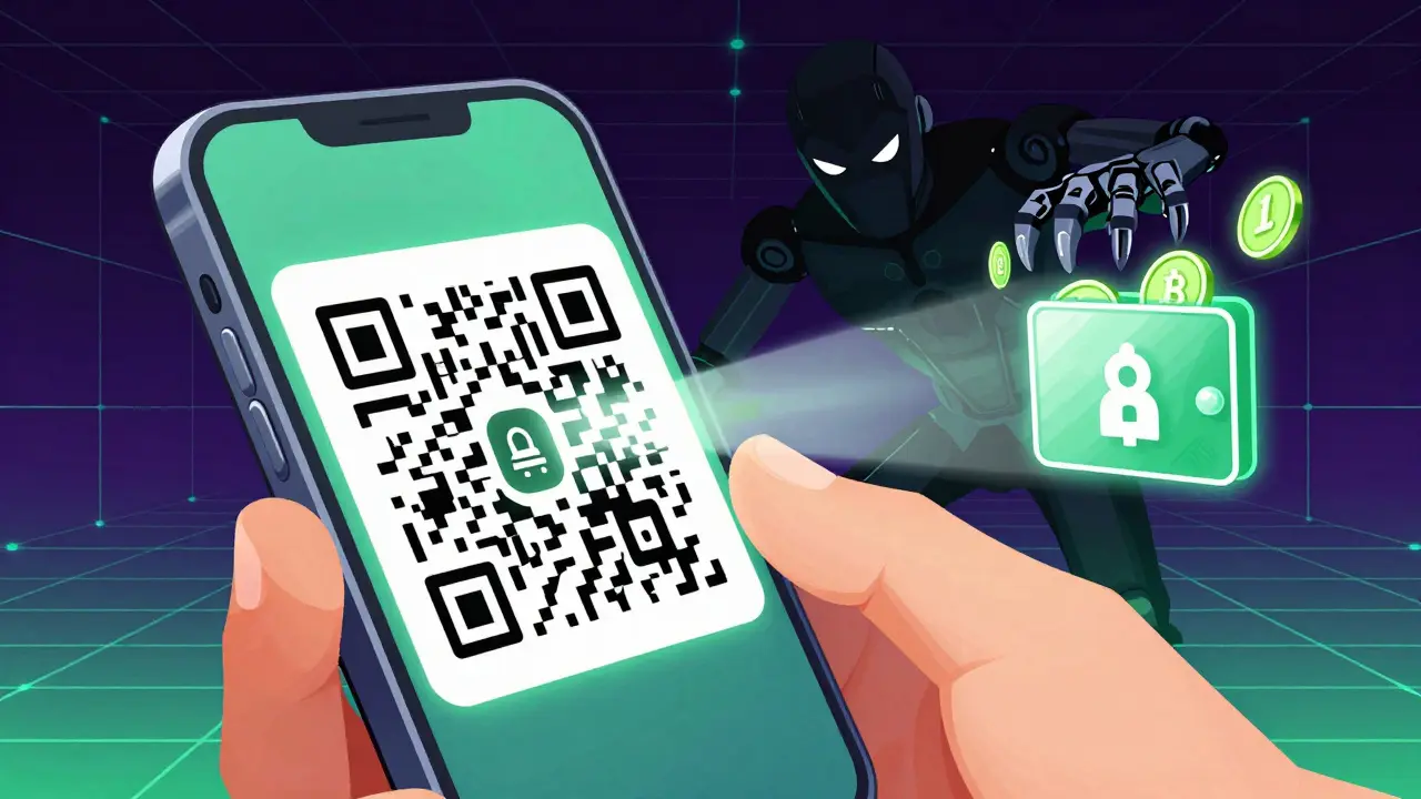 Illustration of a smartphone scanning a code while a robot steals digital coins from a wallet.