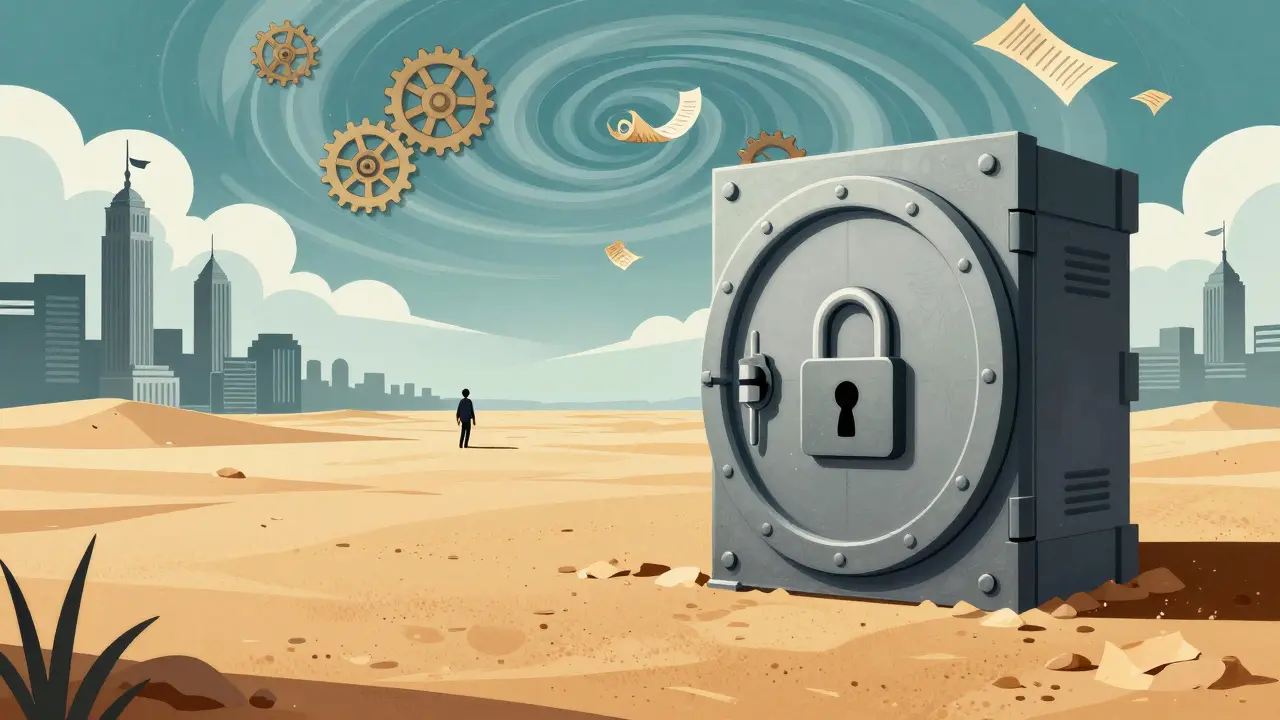 Lonely figure walking away from a locked vault in a desert