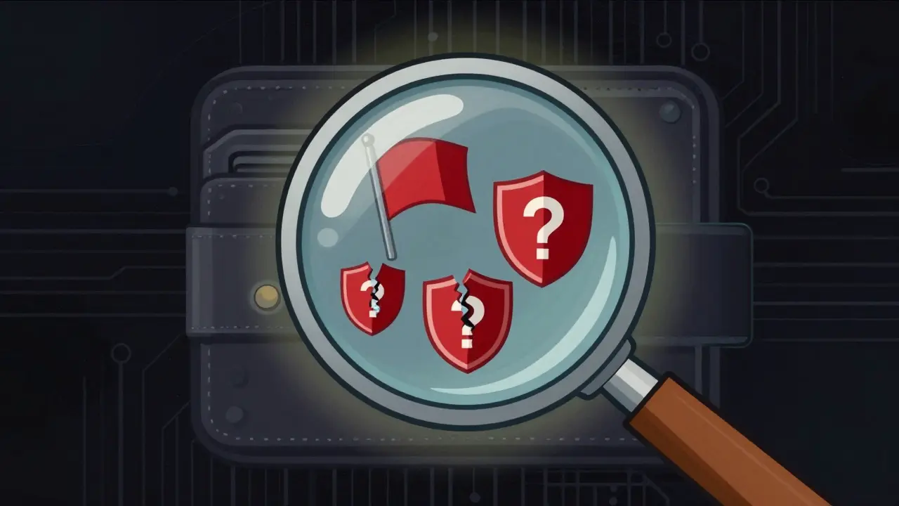 Magnifying glass revealing red warning flags and broken shields over a crypto wallet