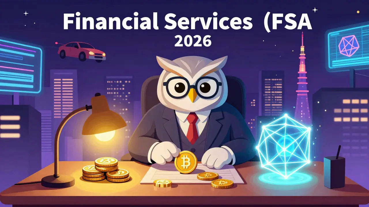 Owl regulator sorting digital tokens into categories against a futuristic Tokyo backdrop.