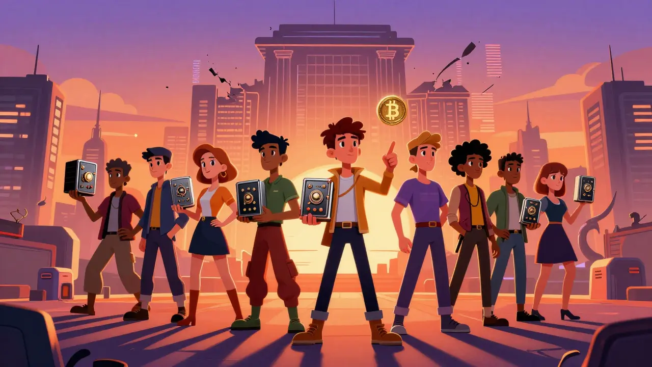 People holding hardware wallets as centralized exchanges fade away in retro-futurism