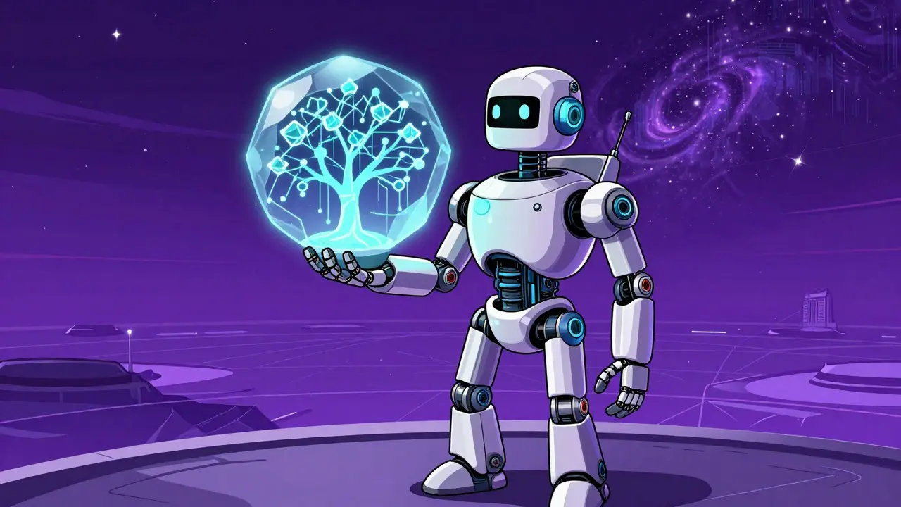 Robot holding a blockchain tree crystal in a futuristic space setting