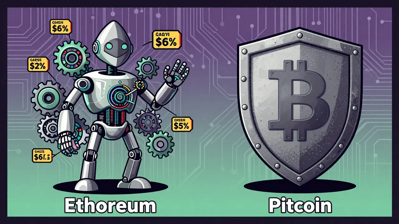 Robot vs shield comparing Ethereum and Bitcoin
