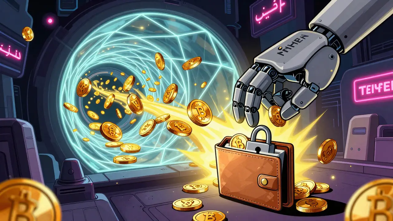 Robotic hand freezing USDT while DAI flows freely through a decentralized tunnel