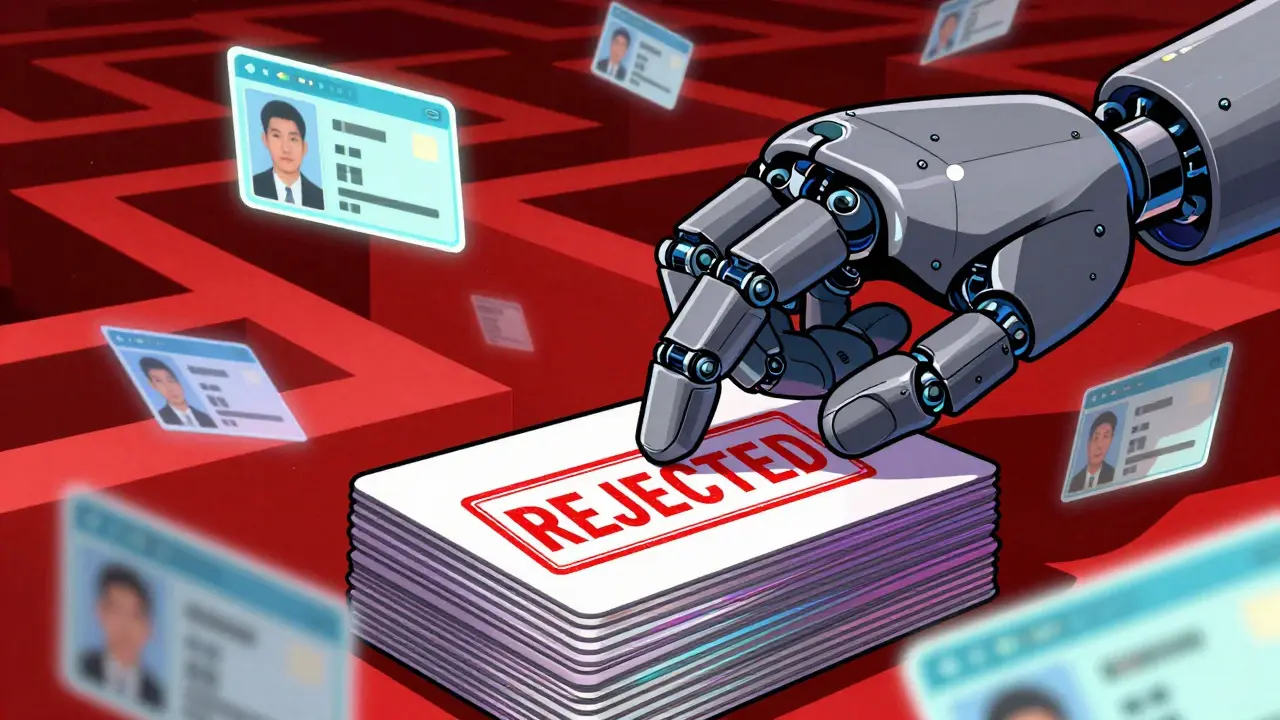 Robotic hand rejecting fake holographic IDs amidst red tape maze
