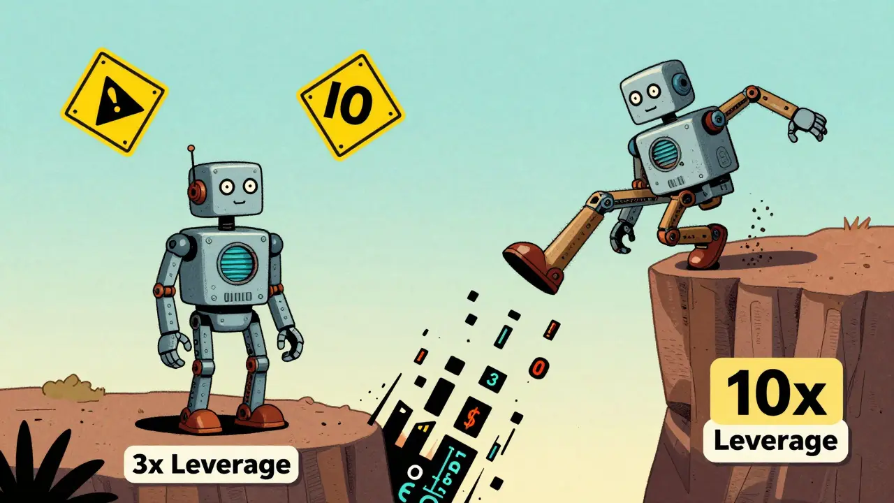 Robots illustrating safe low leverage vs dangerous high leverage on a cliff