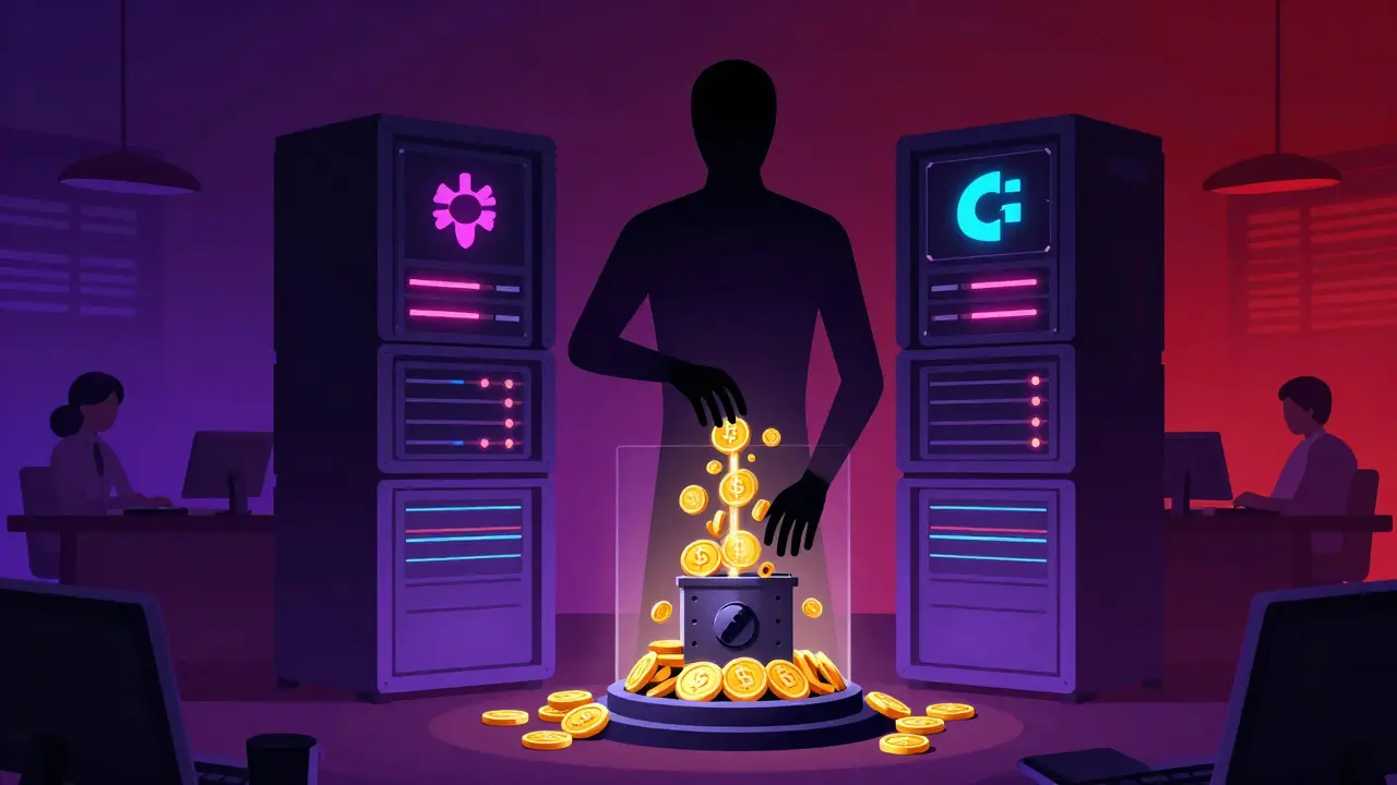 Shadowy figure stealing digital coins from servers, symbolizing internal fraud