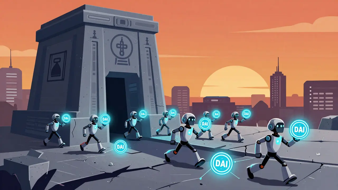 Small digital agents carrying glowing tokens past a looming gray government structure