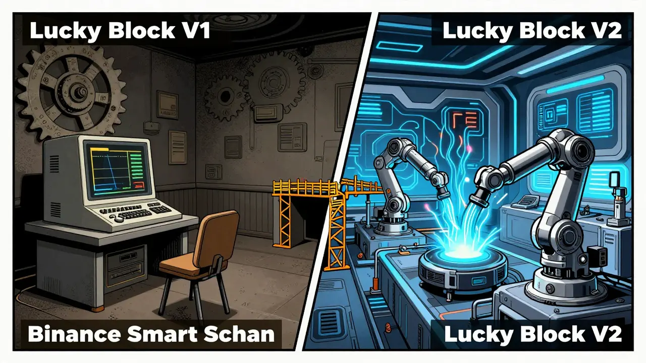 Split illustration contrasting a dusty legacy tech room with a vibrant modern crypto hub.