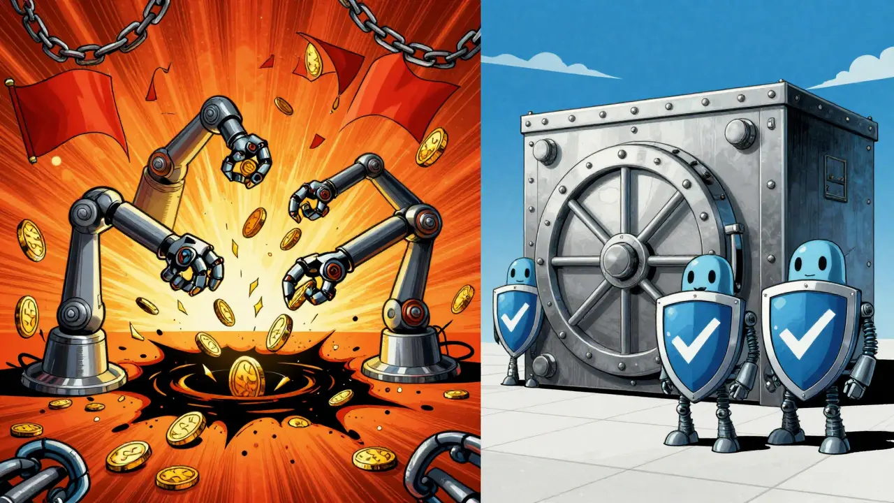 Split illustration contrasting scam risks with secure crypto exchanges