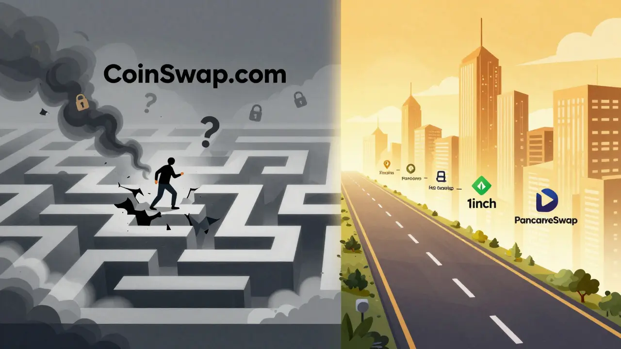 Split view comparing a foggy maze to a sunny, safe trading road