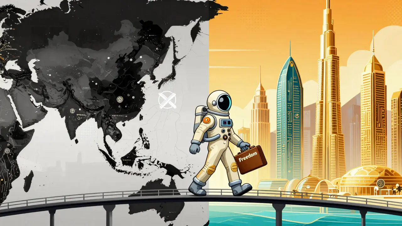 Split view showing restricted crypto regions vs golden futuristic Dubai hub