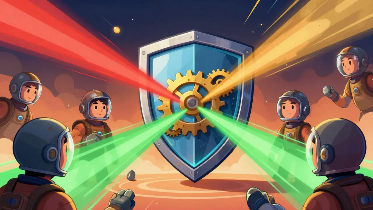 Stylized shield secured by diverse energy beams from multiple chains