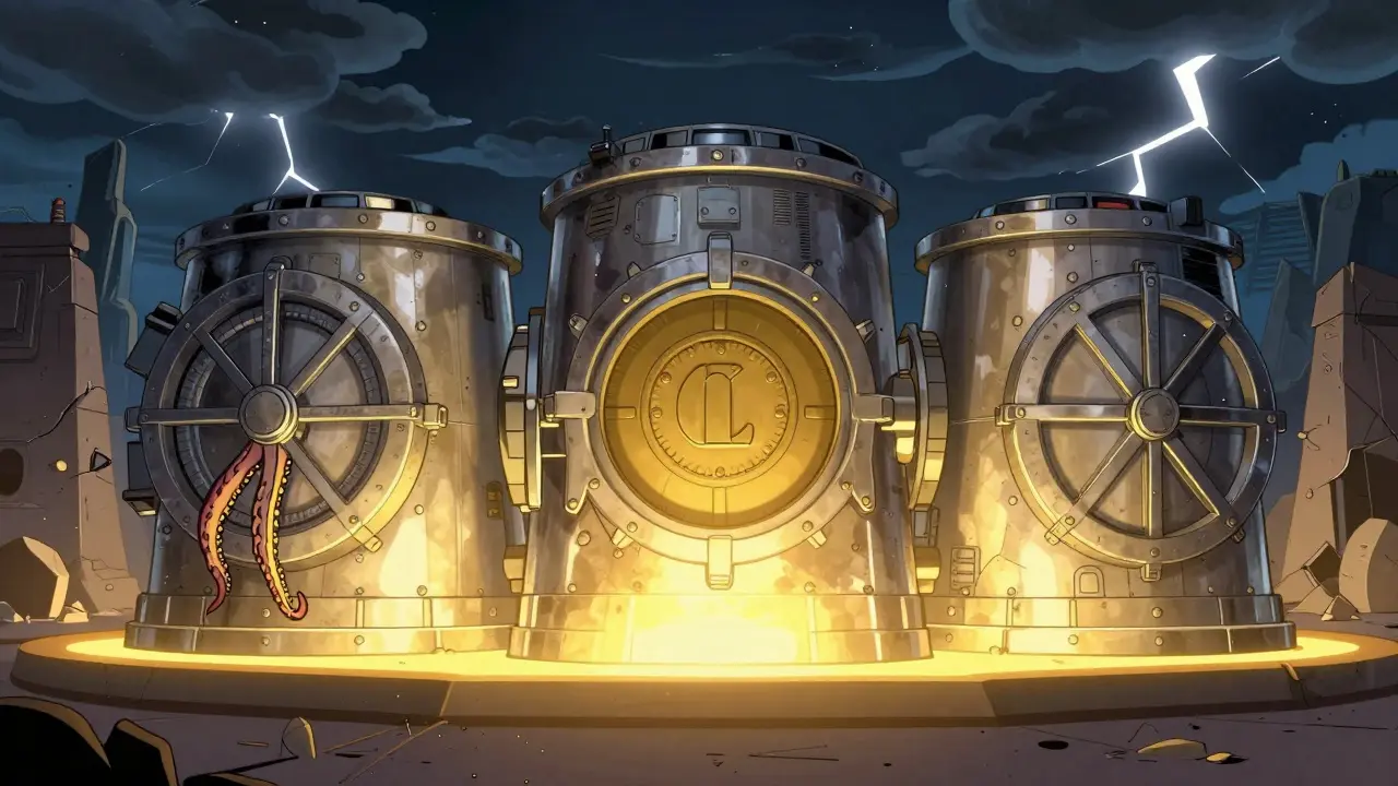 Three sturdy futuristic vaults glowing safely amidst a dark storm background