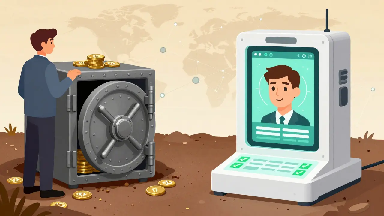 Trader using safe cold storage vs AI biometric scanner for compliance