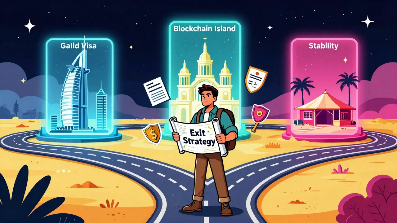 Traveler choosing between visa pathways represented as glowing futuristic portals