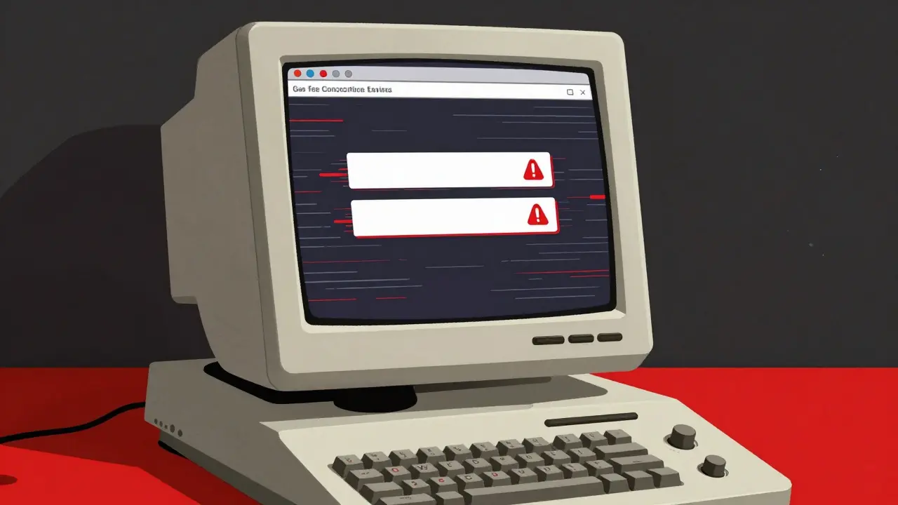 Vintage computer terminal showing a glitchy scam warning in retro style