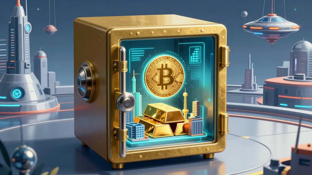 Vintage safe containing holographic tokens backed by real-world industry models