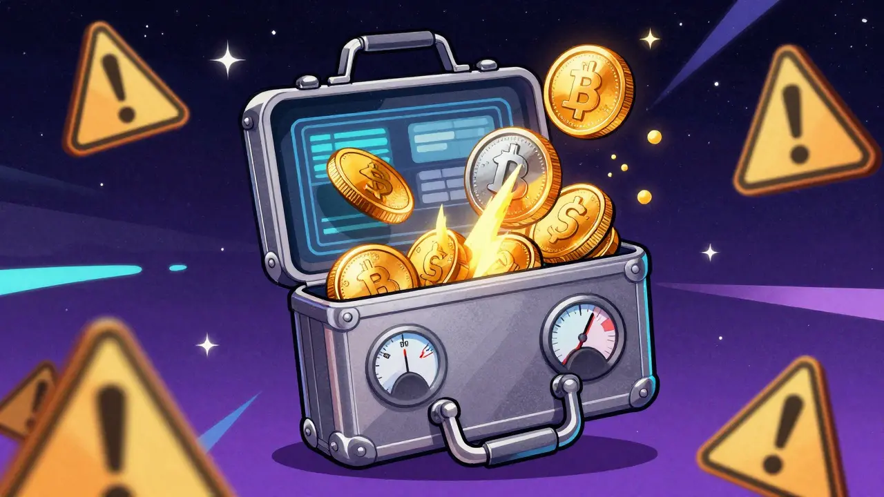Vintage sci-fi style wallet duplicating coins during a blockchain fork event.