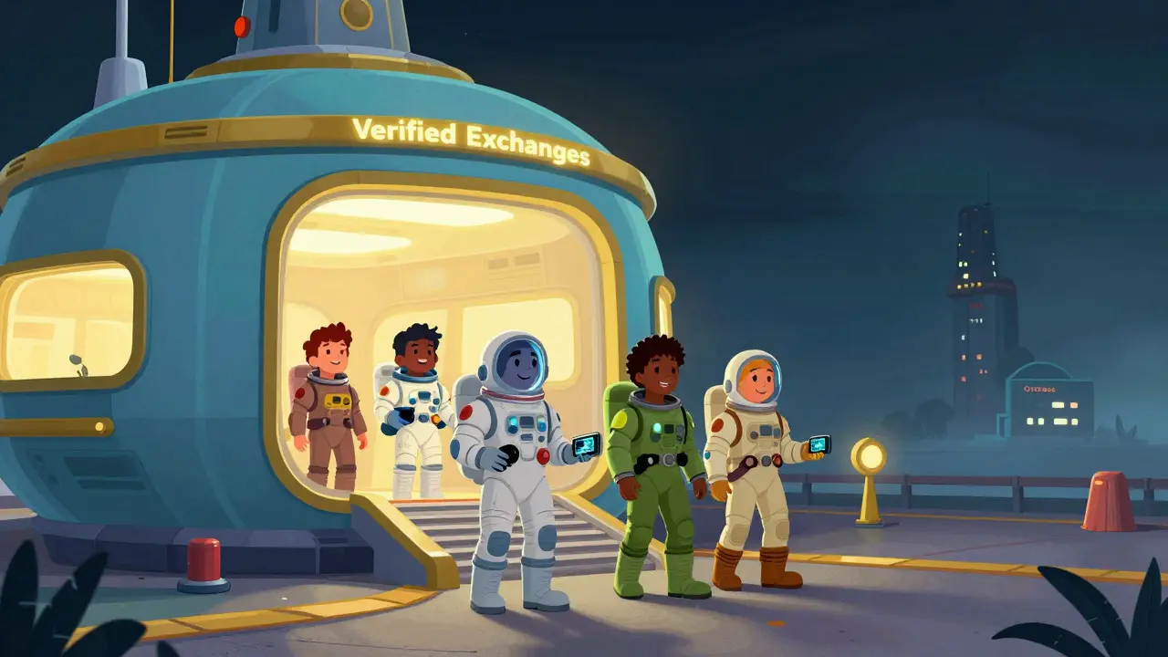 Bright futuristic safe harbor with happy users boarding secure ship