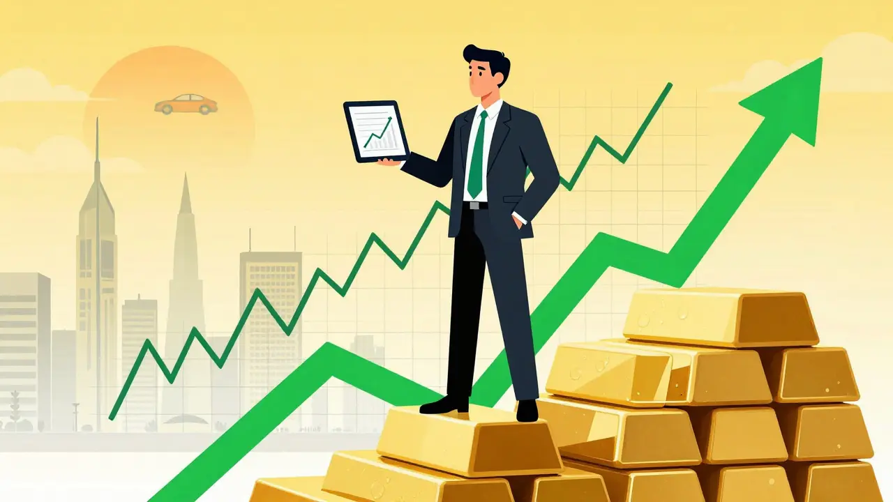 Businessman on rising gold stairs with clear charts, symbolizing regulated crypto growth.