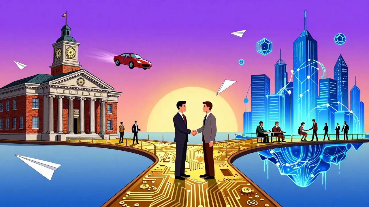 Cartoon bridge connecting traditional banking buildings with futuristic blockchain cities.